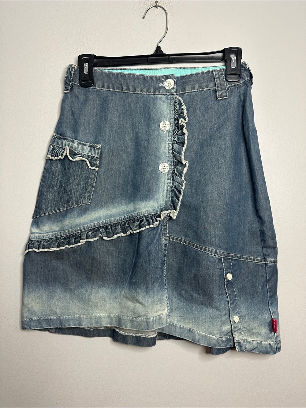 CakeWalk Denim Ruffle Button-Front Skirt - Blue